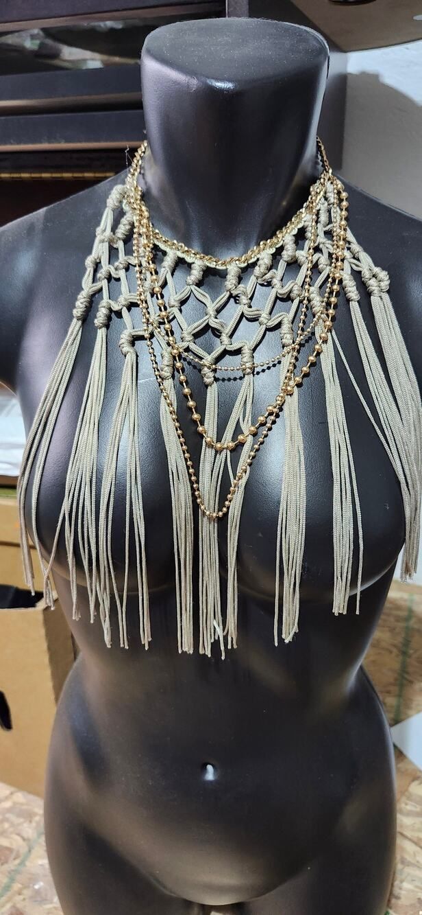 Chico's Olive Green Macrame Woven Bib Necklace with Gold Beads & Long Fringe